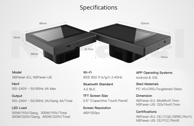 sonoff nspanel specifications