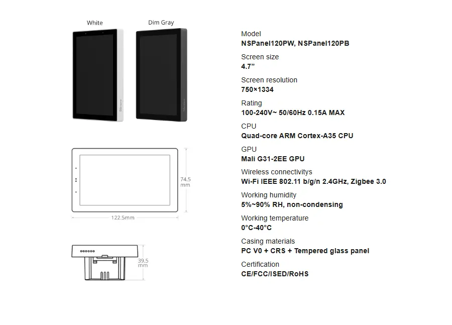 NSPanel Pro 120 Specifications 