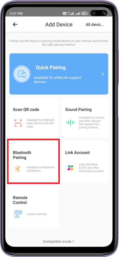 bluetooth pairing ewelink app